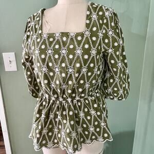 Hayden-LA Square Neck Peasant Top~Green and White~Medium~Ruffled Sleeves~BOHO